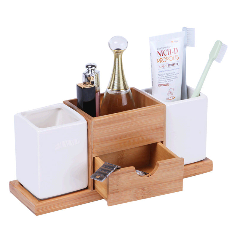 Ceramic and Bamboo Vanity Storage Set