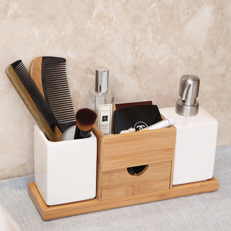 Ceramic and Bamboo Vanity Storage Set