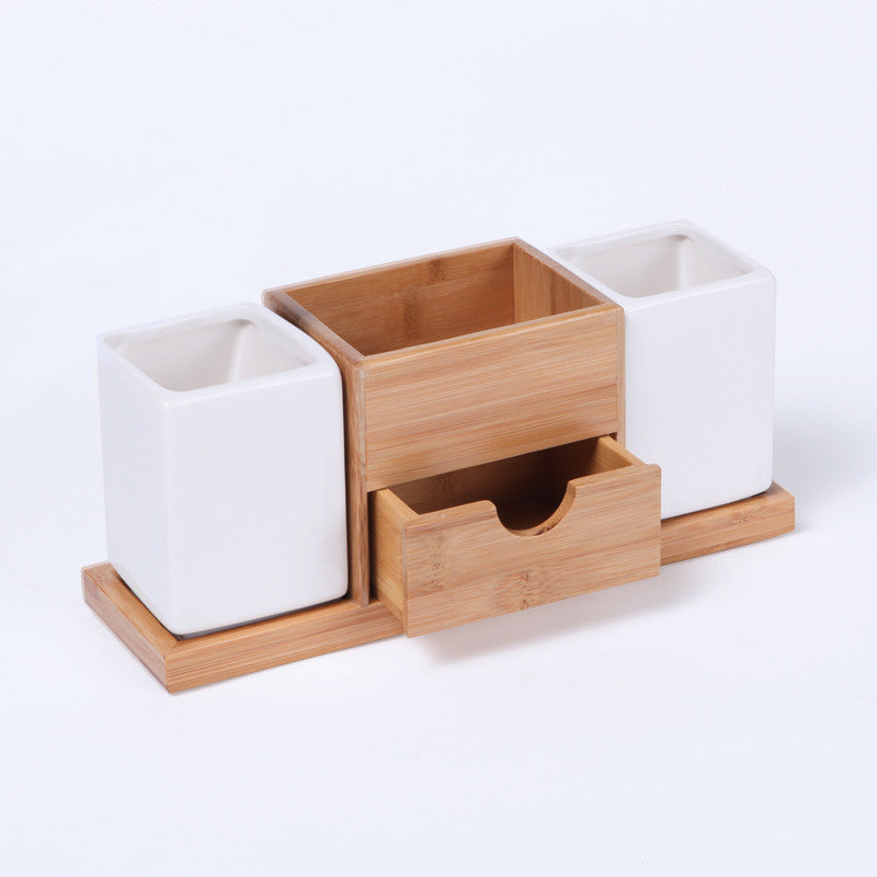 Ceramic and Bamboo Vanity Storage Set